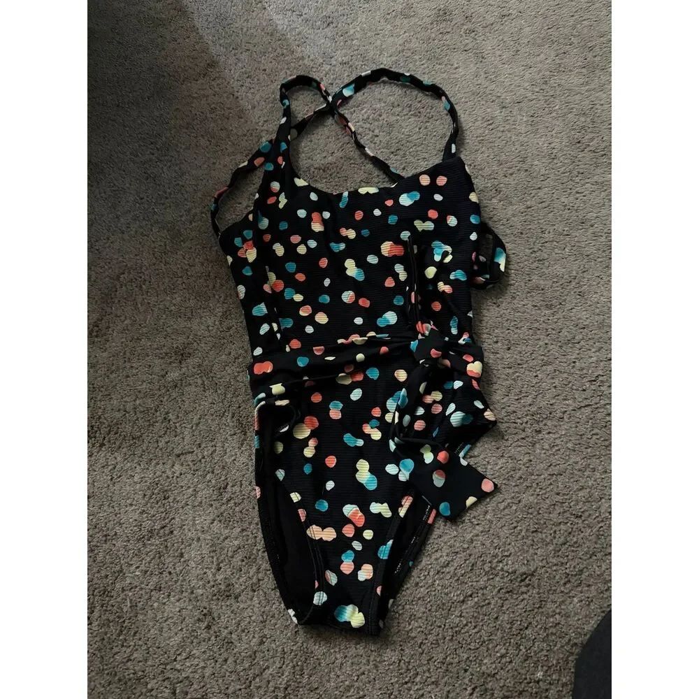 Skye One Piece Wrap Tie Front Swimsuot Black Multi Color Dot Cross Back Women S